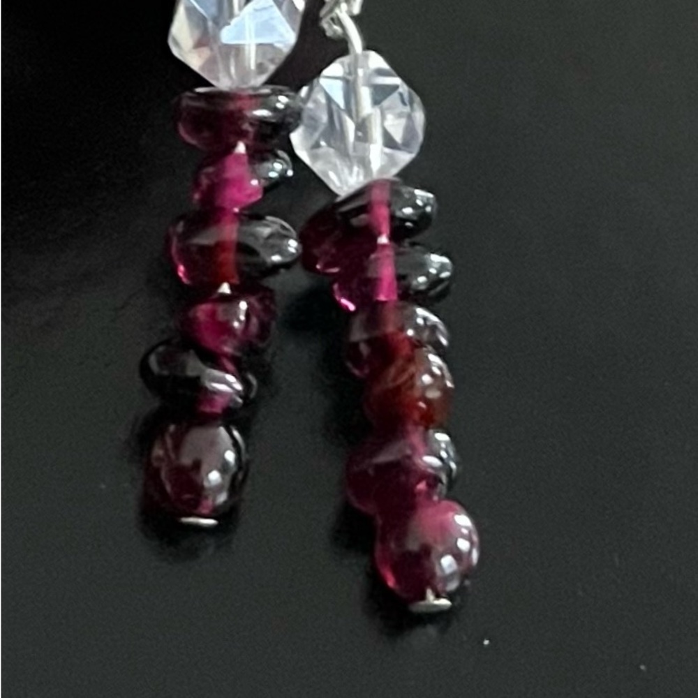 Gorgeous Handmade Natural Garnet and Quartz Crystal Dangle Earrings!